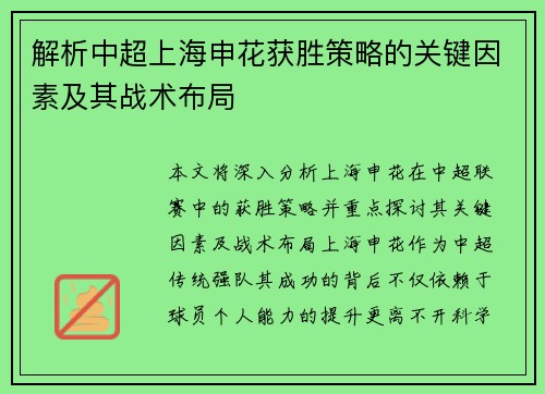 解析中超上海申花获胜策略的关键因素及其战术布局