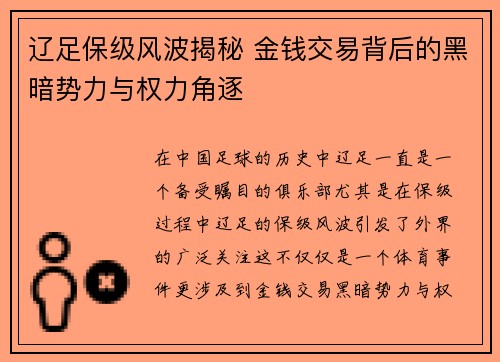 辽足保级风波揭秘 金钱交易背后的黑暗势力与权力角逐