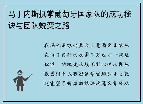 马丁内斯执掌葡萄牙国家队的成功秘诀与团队蜕变之路
