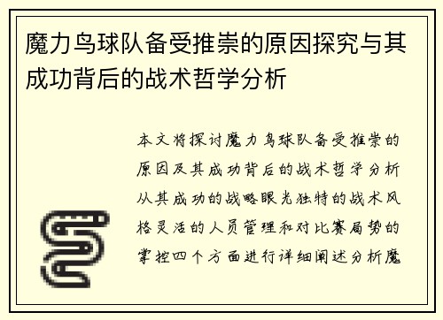 魔力鸟球队备受推崇的原因探究与其成功背后的战术哲学分析